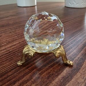 Vintage Faceted Crystal Prism Ball Gold Tone Stand Small 2"x2"